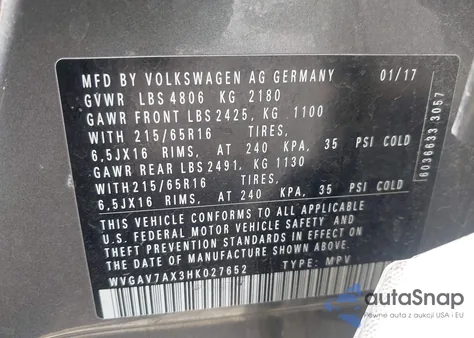 2017 Volkswagen Tiguan 2.0T/2.0T S from USA, damaged, VIN WVGAV7AX3HK027652